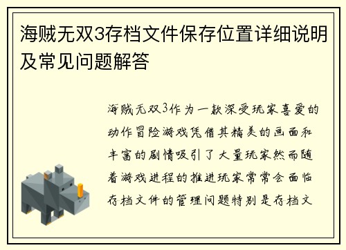 海贼无双3存档文件保存位置详细说明及常见问题解答