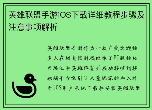 英雄联盟手游iOS下载详细教程步骤及注意事项解析